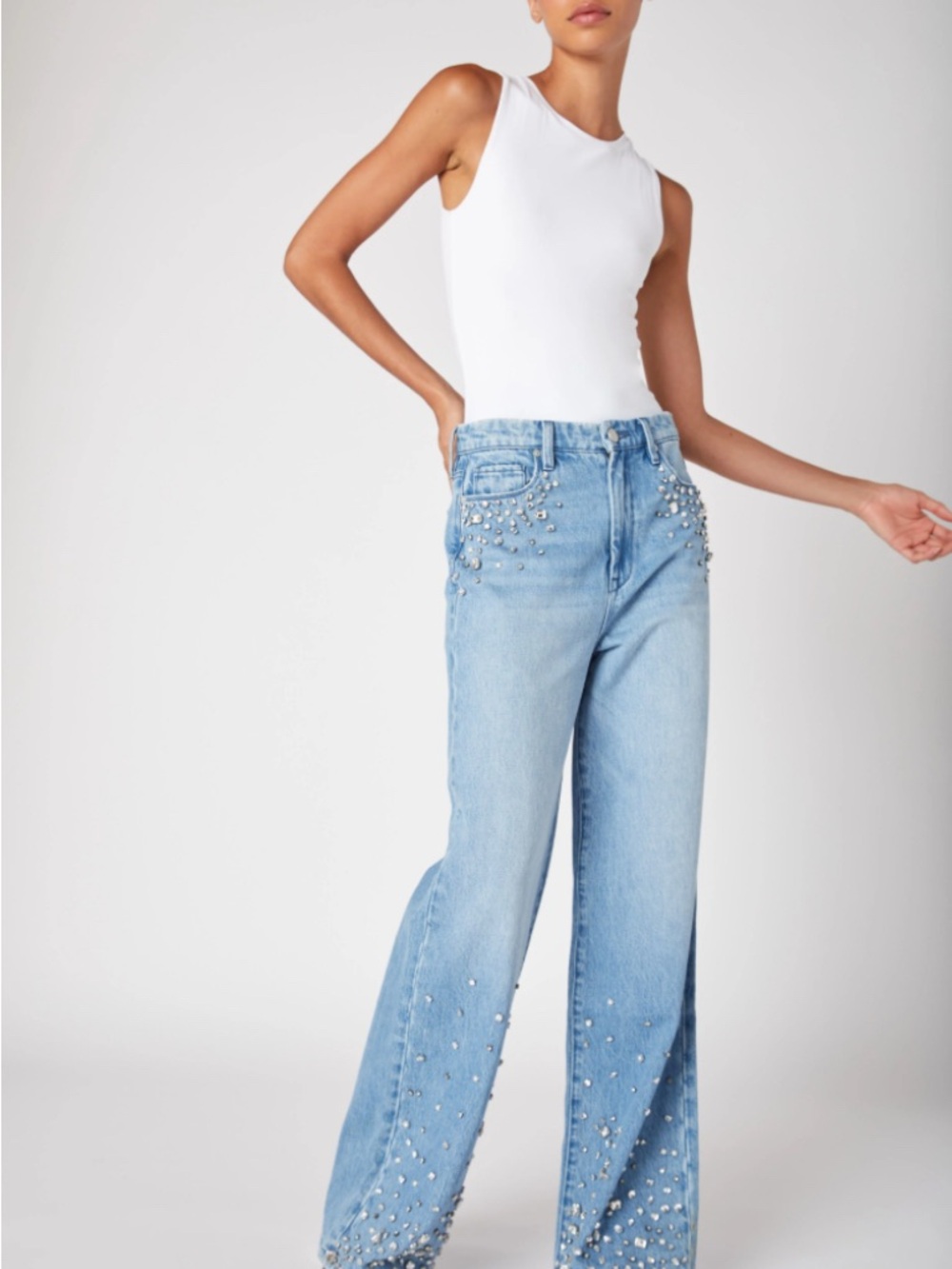 Blank NYC Light Blue Pearl-Embellished Wide-Leg Jeans